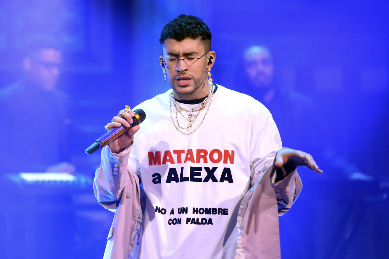Bad Bunny wears a T-shirt protesting the murder of trans woman Alexa Negrón Luciano on 'The Tonight Show Starring Jimmy Fallon' in 2020. (Photo: Andrew Lipovsky/NBC/NBCU Photo Bank via Getty Images)