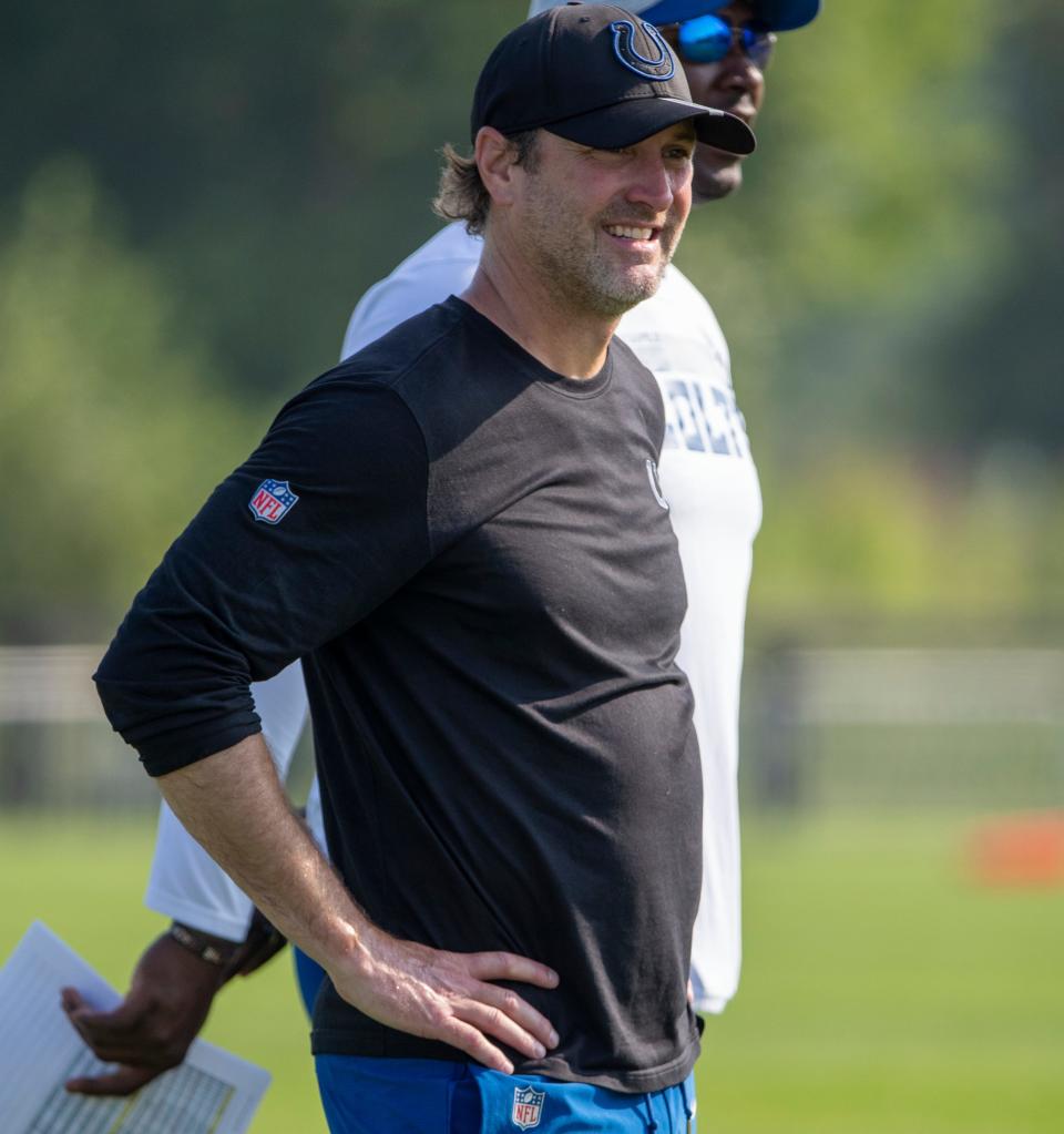 Mike Groh, wide receivers coach, during the day's Colts camp practice at Grand Park in Westfield on Thursday, Aug. 19, 2021. 
