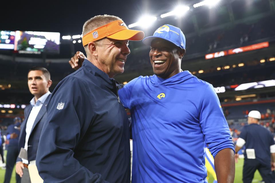 DENVER, COLORADO - AUGUST 26: Sean Payton head coach of the Denver Broncos greets Raheem Morris defensive coordinator of the Los Angeles Rams following the Broncos 41-0 preseason win at Empower Field At Mile High on August 26, 2023 in Denver, Colorado. (Photo by Tyler Schank/Getty Images)