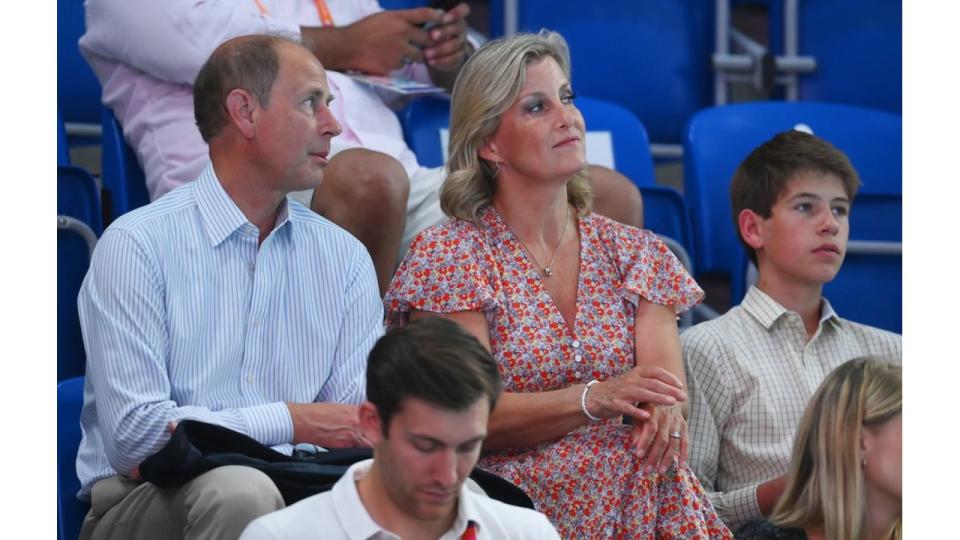 Prince Edward, Dichess Sophie and James, Viscount Severn watching swimming