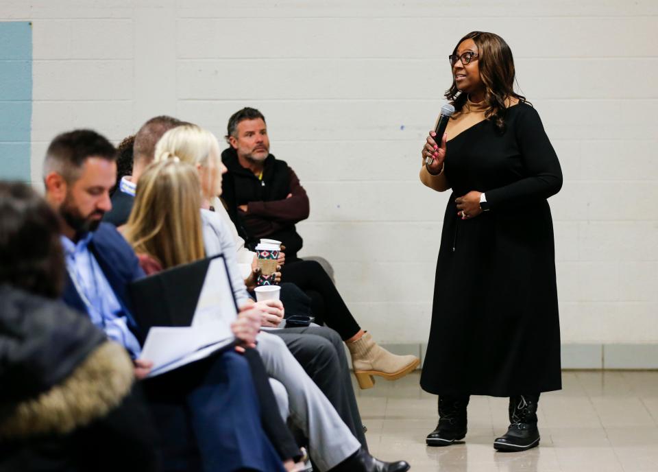 In a Jan. 8 meeting about closing Pershing Elementary, Superintendent Grenita Lathan responds to concerns raised by parents.