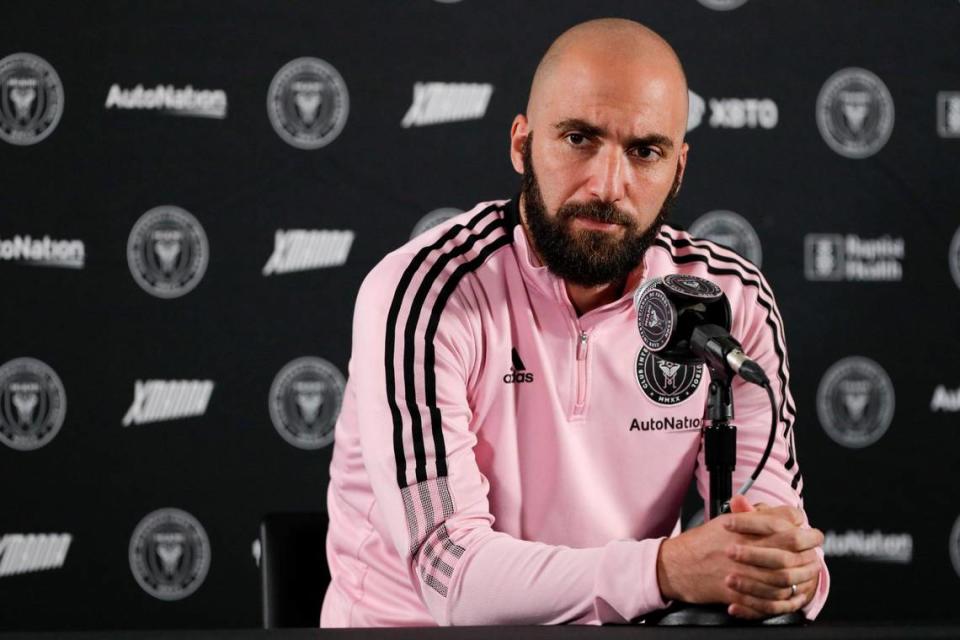 Inter Miami CF forward Gonzalo Higuain talks to reporters during a press conference after the team’s first training session prior to the start of the new MLS season at the team’s training facility in Fort Lauderdale, Florida on Monday, January 17, 2022.