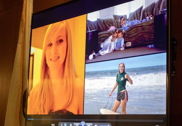 PHOTO: In the Sept. 21, 2018, file photo, images of murdered 21-year-old UCLA student Andrea DelVesco are displayed in the courtroom at Los Angeles County Superior Court's Airport Courthouse in Los Angeles. (Allen J. Schaben/Los Angeles Times via Getty Images, FILE)