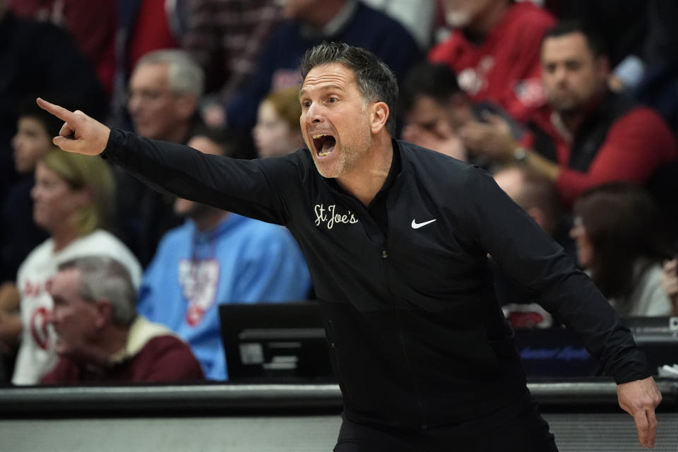 Saint Joseph's head coach Billy Lange yells during the first half of an NCAA college basketball game against Dayton, Tuesday, Feb. 6, 2024, in Philadelphia. (AP Photo/Matt Slocum)