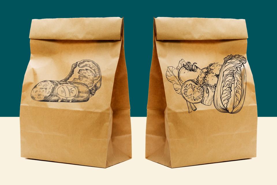 Two brown paper lunch bags, onne with a drawing of meat, and the other with vegetables on a designed background