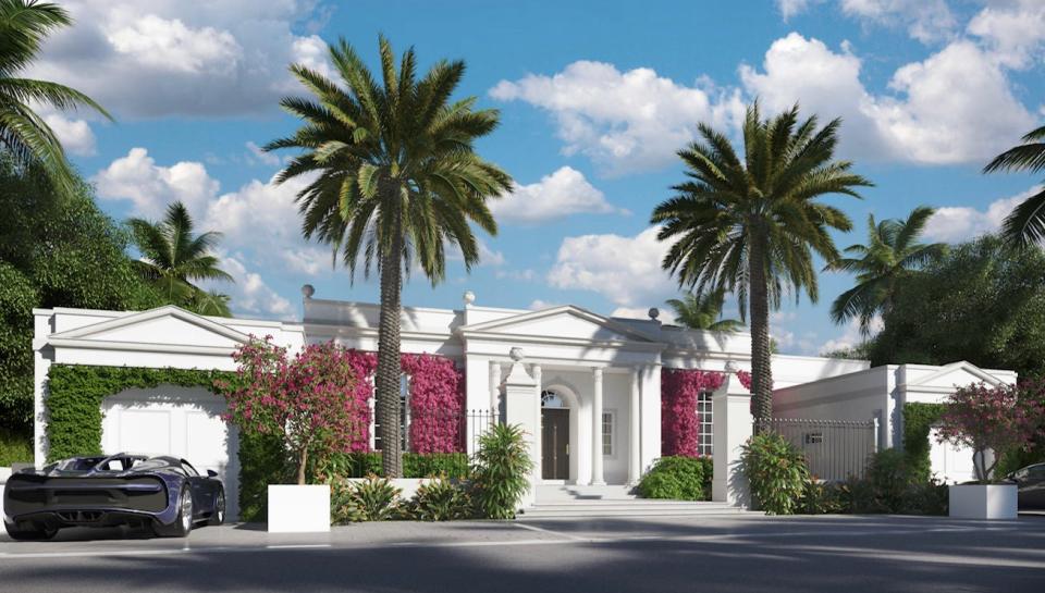 A rendering shows the front of a Palm Beach house at 500 Regents Park Road as it would look after an ongoing restoration of the 1950s-era house is completed. The lakefront property was recently listed for $40 million.