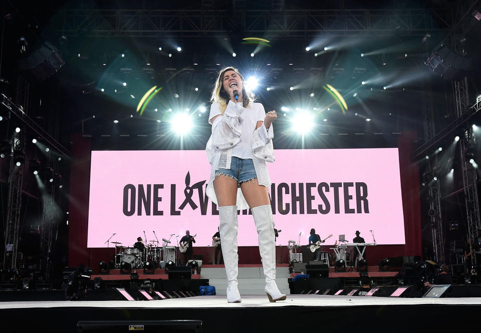 Miley Cyrus performs on stage during the One Love Manchester Benefit Concert at Old Trafford on June 4, 2017 in Manchester, England.&nbsp;