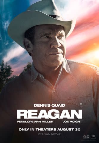 <p>MJM Entertainment</p> Dennis Quaid as Ronald Reagan on the poster for <em>Reagan</em> (2024)