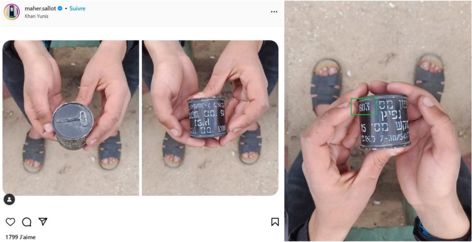<span>A gauche, la capture d'écran prise le 3 mai 2024 d'une publication sur Instagram reprenant les images de la fusée M603 israélienne, à droite la référence "603" entourée par l'AFP</span>