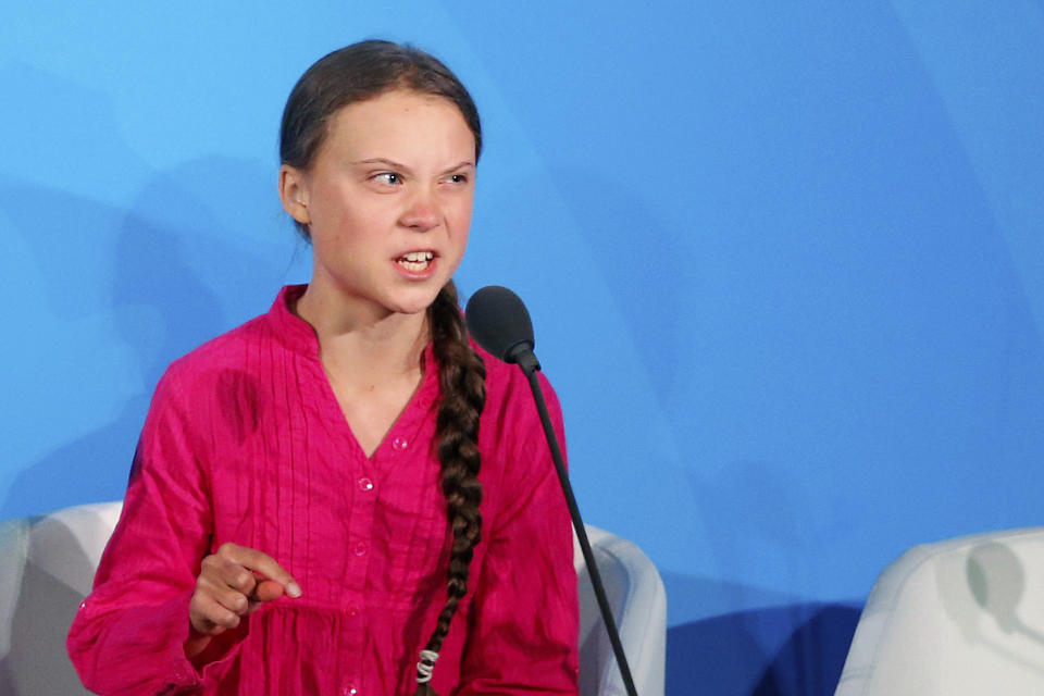 Environmental activist Greta Thunberg, of Sweden, addresses the Climate Action Summit in the United Nations General Assembly, at U.N. headquarters, Monday, Sept. 23, 2019. (AP Photo/Jason DeCrow)