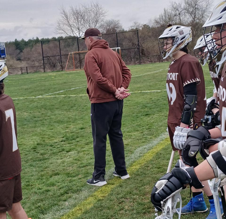 Westport first-year lacrosse head coach Mark Ward looks on at the action during a recent game between the Wildcats and Bristol-Plymouth at Mary-Lou Arruda Soccer Field in Raynham April 19, 2024.