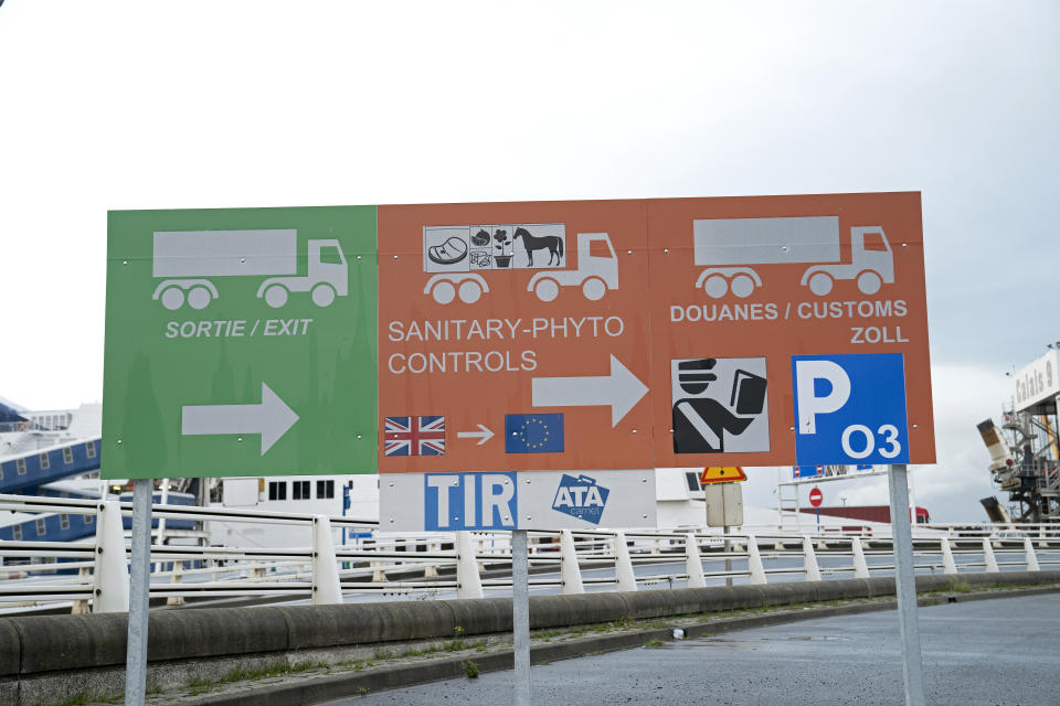 CALAIS, FRANCE - OCTOBER 17: A view of the new sign for the arriving trucks from the United Kingdom at the Calais border Ferries arrival on October 17, 2019 in Calais, France. Today the British Prime Minister Boris Jonhnson and the President of the European Commission Jean-Claude Juncker agreed on a Brexit deal just before the European Summit held in Brussels. This deal has now to be approved by the European Council and by the British Parliement. A deadline for a Brexit deal is October 31st.   (Photo by Aurelien Meunier/Getty Images)