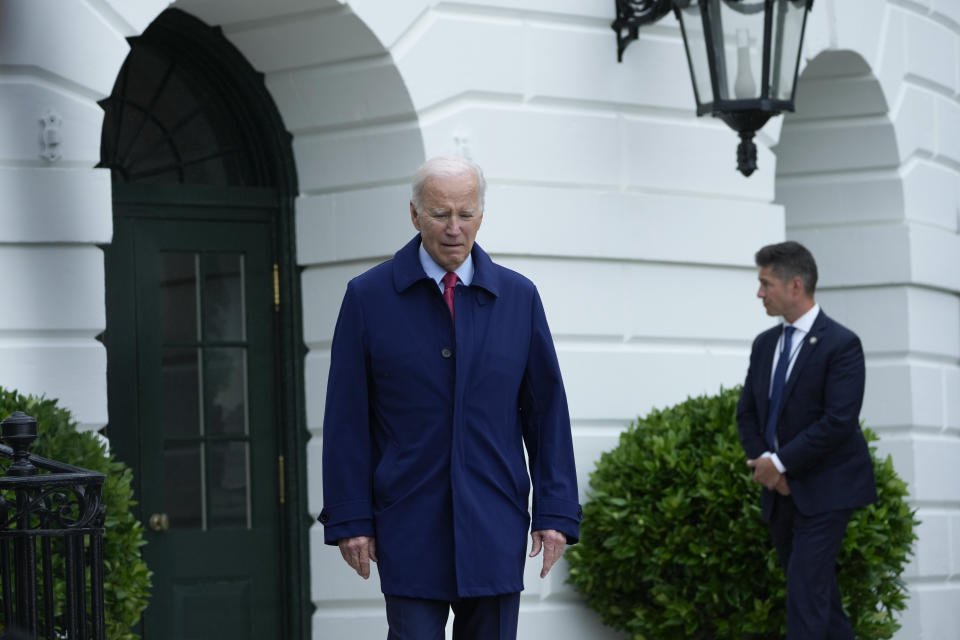 President Joe Biden walks to speak with reporters before boarding Marine One on the South Lawn of the White House in Washington, Monday, May 29, 2023. (AP Photo/Susan Walsh)