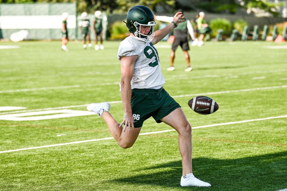 Michigan State's Ryan Eckley kicks during the opening day of MSU's football fall camp on Thursday, Aug. 3, 2023, in East Lansing.