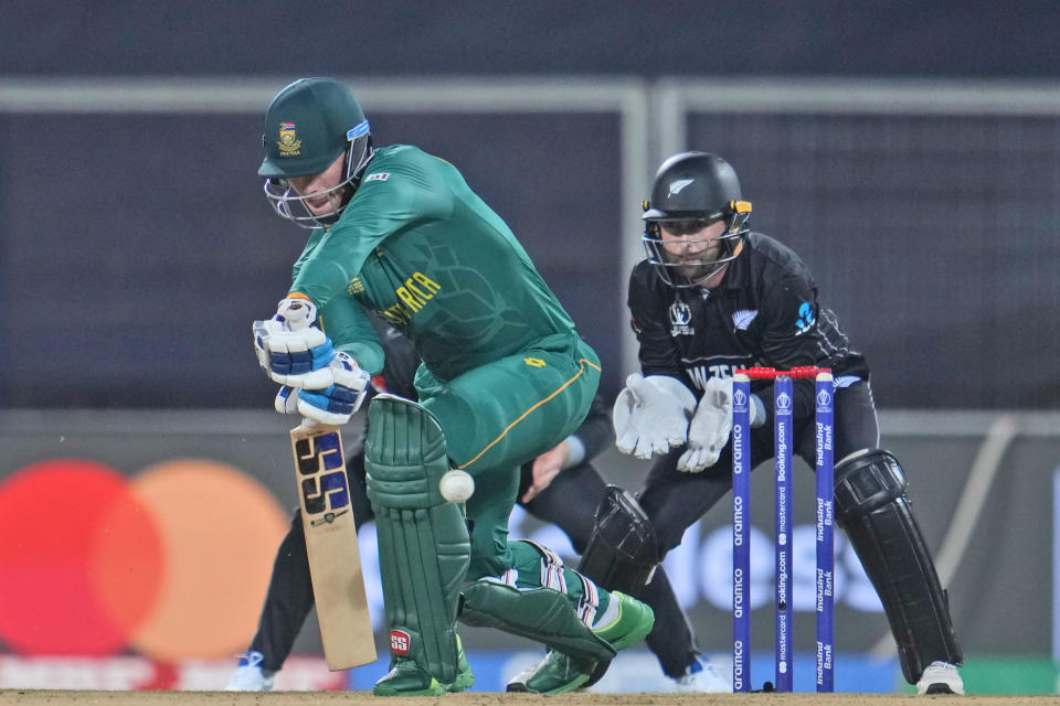 South Africa's Rassi Van Der Dussen plays a shot during ICC Men's Cricket World Cup warm up matches between South Africa and New Zealand in Thiruvananthapuram, India, Monday, Oct. 2, 2023. (AP Photo/Manish Swarup)