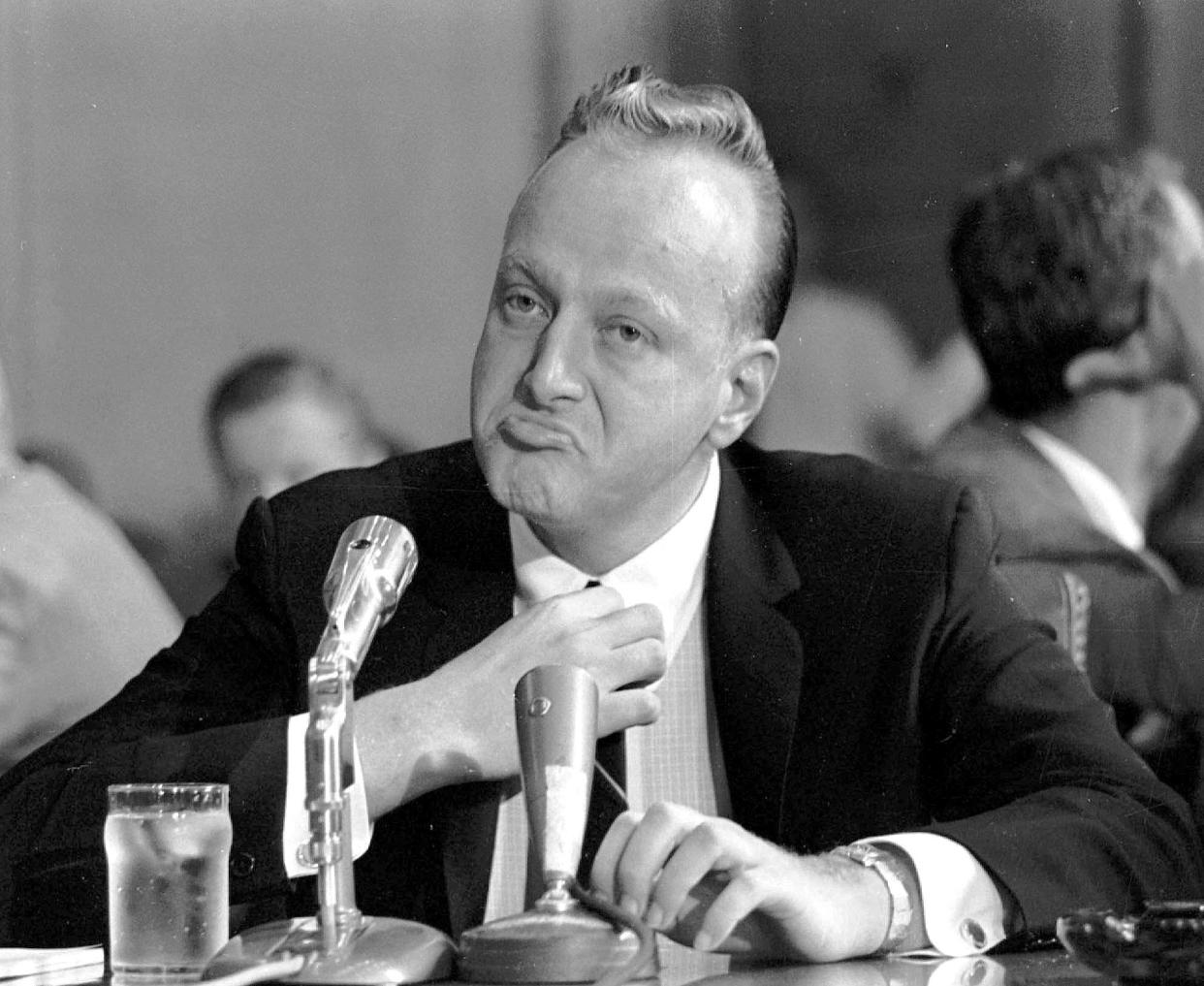 A 1961 photo shows Frank Rosenthal at a witness table before the Senate Investigations Subcommittee in Washington during a probe of organized gambling. Rosenthal was portrayed by Robert De Niro in the 1995 film "Casino."