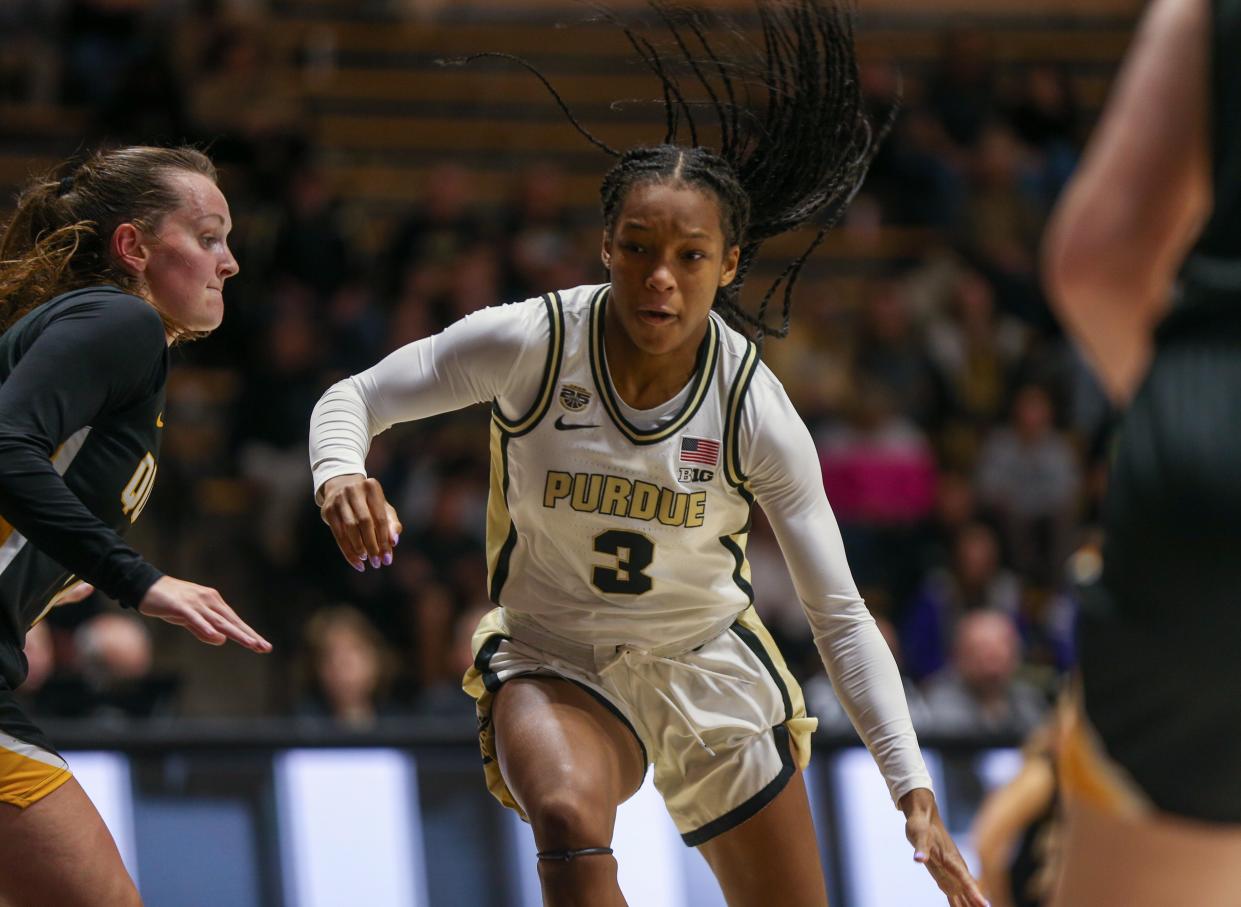 Purdue Boilermakers guard Jayla Smith (3) breaks past Quincy Hawks' defense and attempts a layup during the NCAA women's basketball game against the Quincy Hawks, on Sunday, Oct. 29, 2023, at Mackey Arena in West Lafayette, Ind. Purdue won 106 - 45.