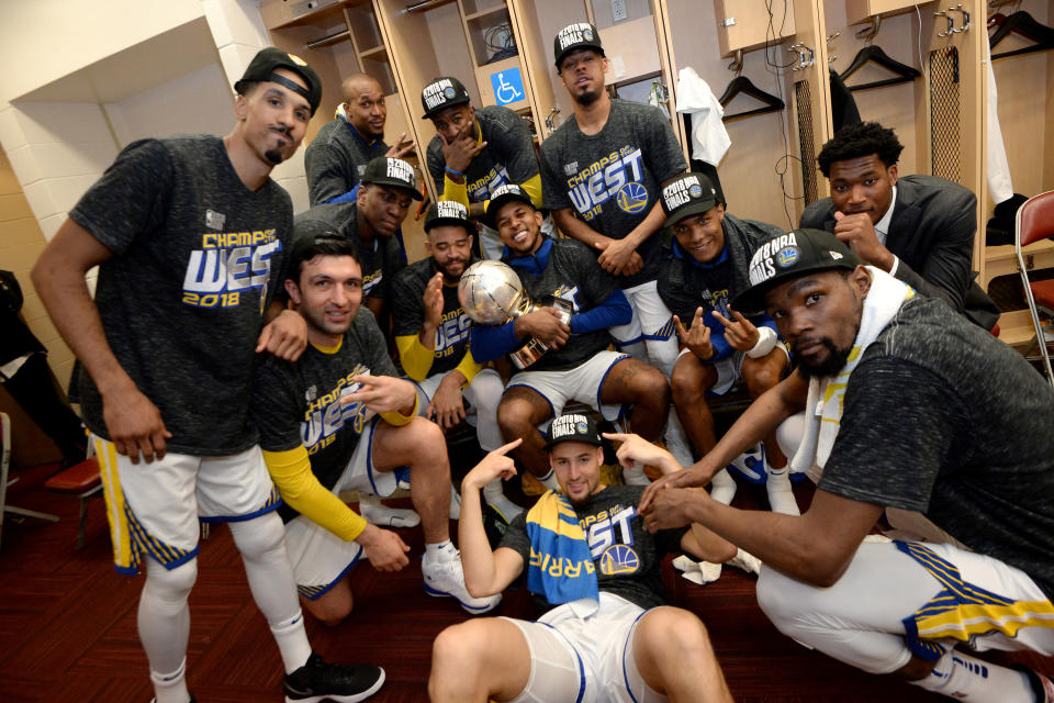 The Warriors soak in advancing to the NBA Finals once again. (Getty)