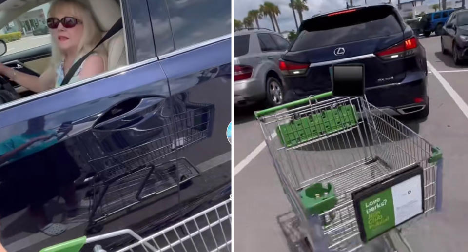 Two images side by side showing a TikToker videoing a Walmart shopper in her car, asking her whether a shopping trolley is hers, before moving it behind her car so she can't reverse out. Source: TikTok / zachcray