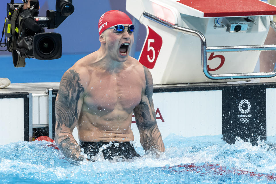 TOKYO, JAPAN - JULY 26: Adam Peaty of Great Britain celebrates after competing in the men 100m Breaststroke final during the Tokyo 2020 Olympic Games at the Tokyo Aquatics Centre on July 26, 2021 in Tokyo, Japan (Photo by Giorgio Scala/Deepbluemedia/Insidefoto)/Sipa USA