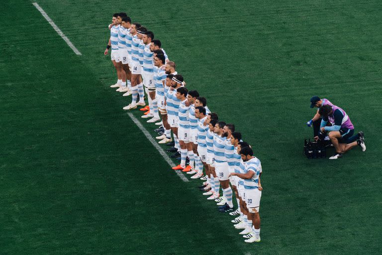 El momento del himno argentino en el encuentro ante Samoa; este sábado los Pumas se enfrentan a Chile