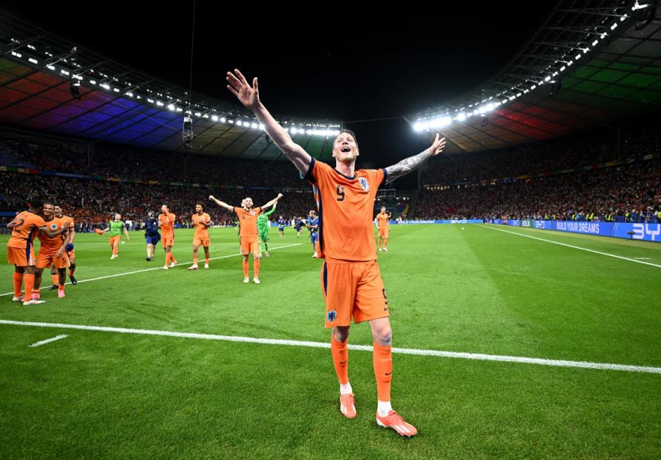 Wout Weghorst celebrates after Netherlands won their quarter-final (Getty Images)