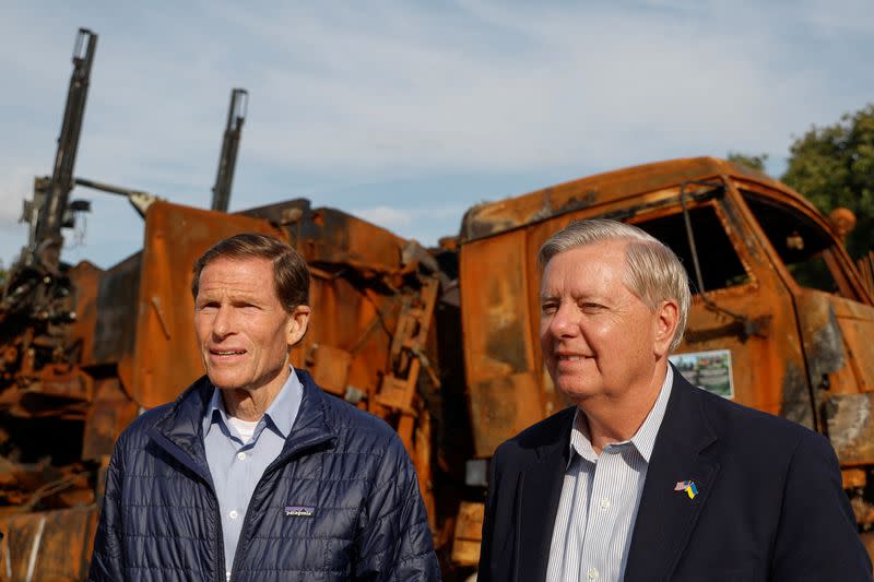 U.S. Senators Graham and Blumenthal visit an exhibition of destroyed Russian vehicles and weapons in Kyiv