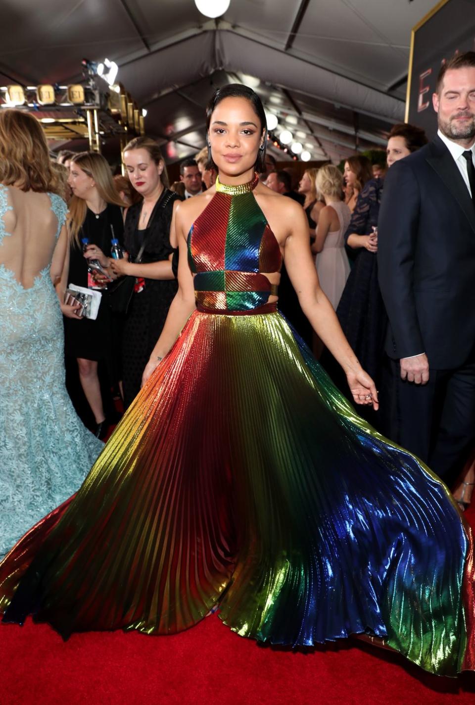 <p>Ever seen a dress this colorful?! Tessa captured the spectrum of the rainbow on her pleated halter gown, and, wow, was it mesmerizing. </p>