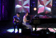 Jack Antonoff and Sara Bareilles perform on stage at the 50th annual Songwriters Hall of Fame induction and awards ceremony at the New York Marriott Marquis Hotel on Thursday, June 13, 2019, in New York. (Photo by Brad Barket/Invision/AP)