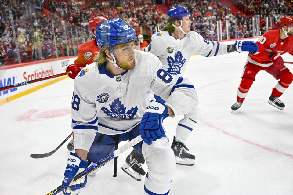 Toronto's William Nylander in action during the NHL Global Series Sweden ice hockey match between Toronto Maple Leafs and Detroit Red Wings and at Avicii Arena in Stockholm, Sweden, Friday Nov. 17, 2023. (Henrik Montgomery/TT News Agency via AP)