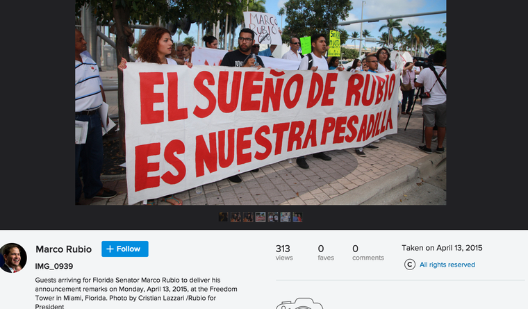 Marco Rubio Hasn't Noticed That There's an Anti-Rubio Immigration Message on His Flickr