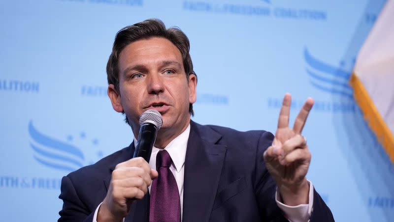 Republican presidential candidate Florida Gov. Ron DeSantis speaks at the Iowa Faith & Freedom Coalition’s fall banquet, on Saturday, Sept. 16, 2023, in Des Moines, Iowa.