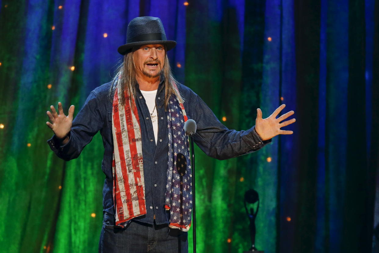 Kid Rock inducts rock band Cheap Trick at the 31st annual Rock and Roll Hall of Fame Induction Ceremony at the Barclays Center in Brooklyn, New York April 8, 2016. REUTERS/Eduardo Munoz