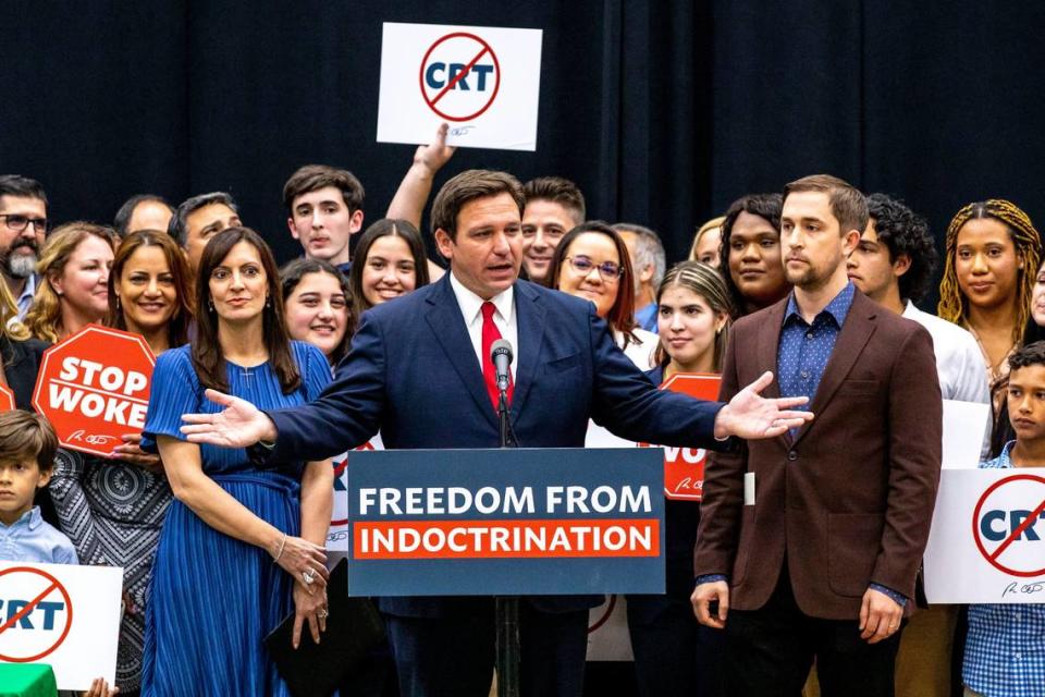 Gov. Ron DeSantis addresses the crowd before publicly signing HB 7, “individual freedom,” also dubbed the “Stop Woke” bill during a news conference at Mater Academy Charter Middle/High School in Hialeah Gardens, on April 22, 2022.