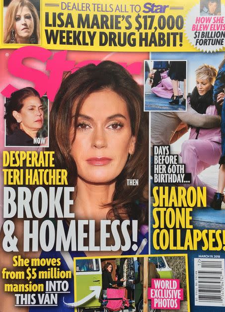 Star magazine put Teri Hatcher on its cover this week, reporting that the <i>Desperate Housewives</i> alum is “broke & homeless” and has moved from a $5 million mansion into a van. Hatcher contests this. (Photo: Star magazine)