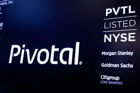 The Pivotal Software logo is pictured on the floor of the New York Stock Exchange in the Manhattan borough of New York Cit3