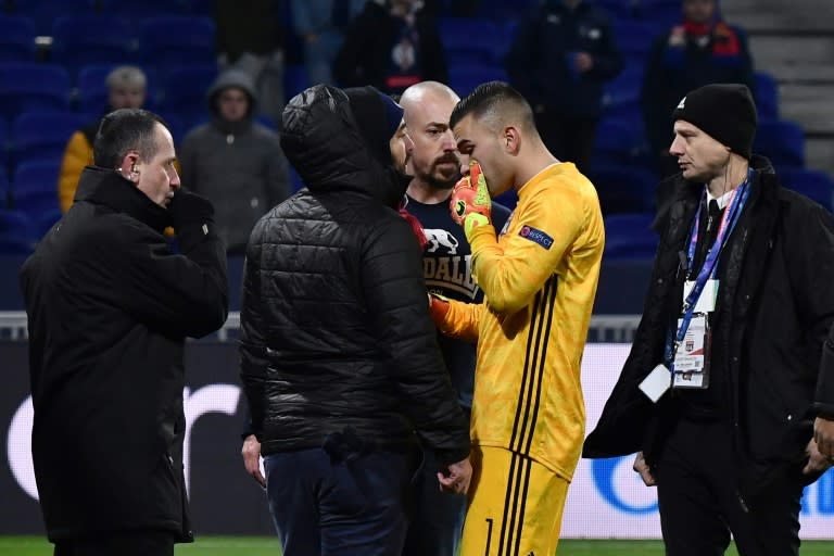 Lyon goalkeeper Anthony Lopes attempted to speak with the club's fans after the incident after the draw with RB Leipzig (AFP Photo/JEFF PACHOUD)