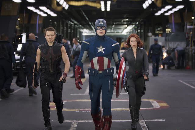 <p>Marvel Enterprises/Kobal/Shutterstock</p> Jeremy Renner, Chris Evans, and Scarlett Johansson in 'The Avengers'.