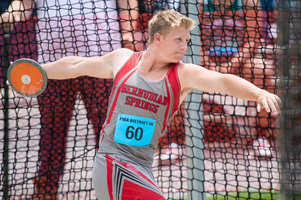 Bermudian Springs' Aaron Weigle competes toward a fourth-place finish (157-5) in the 2A discus throw at the PIAA District 3 Track and Field Championships at Shippensburg University Saturday, May 20, 2023.