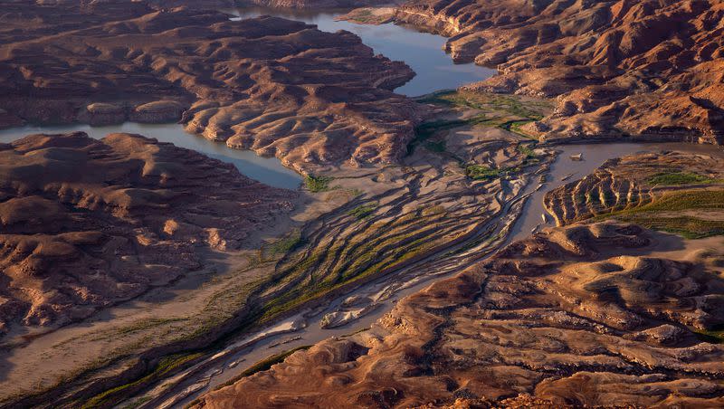 The Colorado River cuts a channel through sediment where Lake Powell has receded in southern Utah on July 22, 2022.