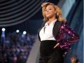 <p>Maternity trousers have never looked so good - performing at the MTV Video Music Awards in LA in August.</p>