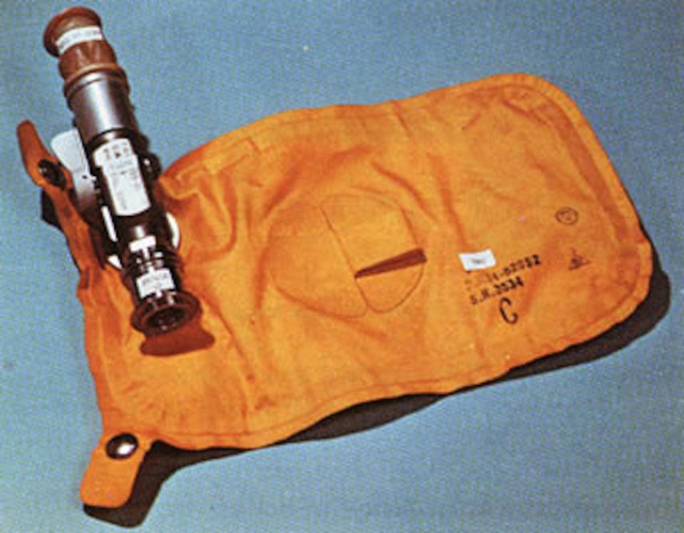 An Apollo urine transfer system (UTS) with roll-on cuff for an in-suit urine disposal system. <cite>NASA</cite>