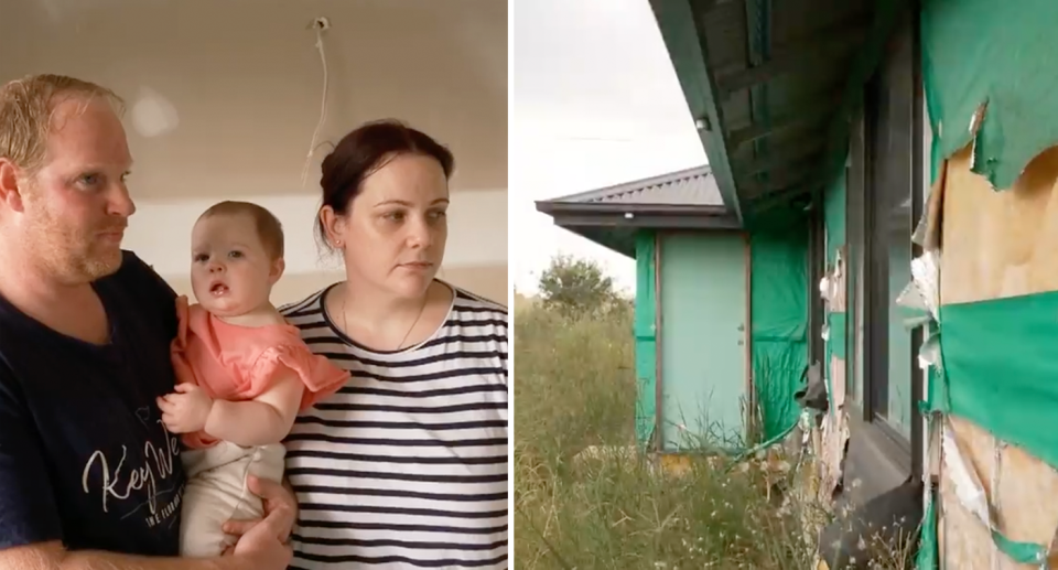 Left: Emma and Nathan Doecke stand in their half a house with 18-month old daughter looking sombre. Right, the outside of the house is half complete with peeling construction work. 