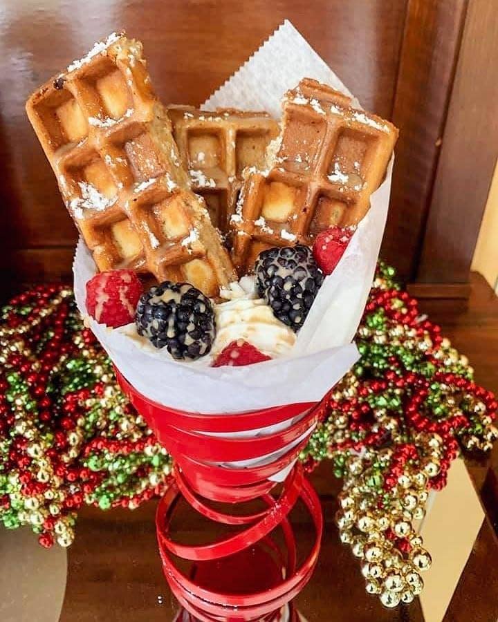 "Jingle All the Waffle Sticks" is three mocha espresso waffle sticks with guest choice of maple or caramel espresso dipping sauce.