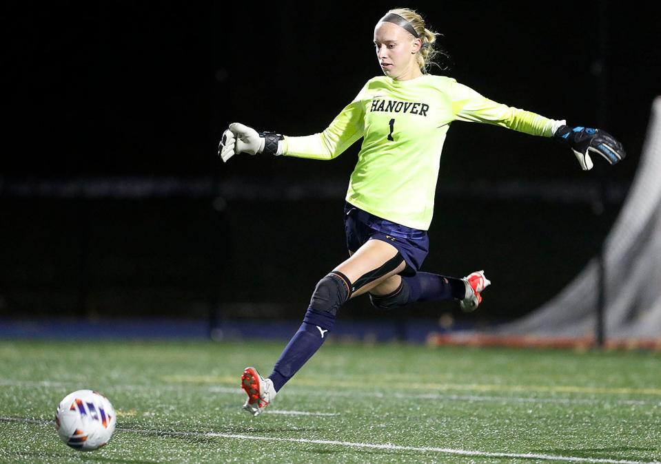 Hanover goalkeeper Natalie Mutschler boots the ball from her goal area. Norwell girls soccer won the Division 3 state championship by defeating Hanover 1-0 in Scituate on Saturday, Nov. 18, 2023.