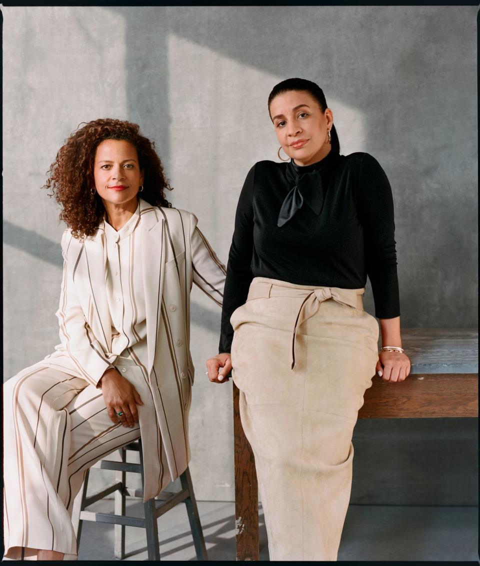 Photo credit: From left, on Stewart: Blazer, $2,495, blouse, $1,295, trousers, $1,395, all, Alberta Ferretti. Hoop earrings, Jennifer Fisher, $175. Ring, Roberto Coin, $1,450. On Vega: Blouse, Giorgio Armani, $2,295. Skirt, The Row, $3,890. Hoop earrings, Jennifer Fisher, $220. Bracelets, $5,200–$9,200 each, ring, $1,650, all, Bulgari.