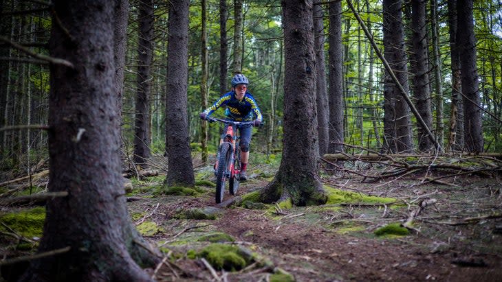 woman in forest on mountain bike
