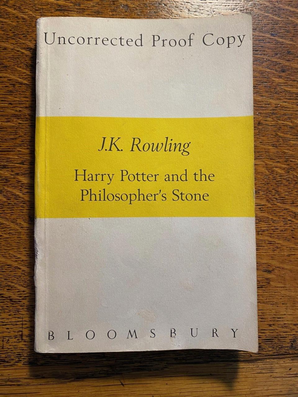 This undated photo issued by Hansons Auctioneers on Monday Feb. 26, 2024, shows a first edition Harry Potter novel. The proof copy of the first Harry Potter novel that was bought for pennies in a second-hand bookshop almost 30 years ago has sold at auction for more than 10,000 pounds, or $12,700.