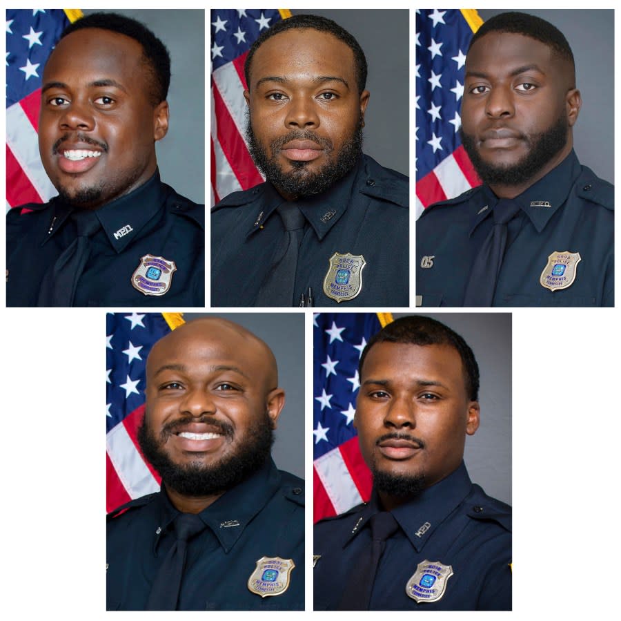 This combination of images provided by the Memphis, Tenn., Police Department shows, from top row from left, Police Officers Tadarrius Bean, Demetrius Haley, Emmitt Martin III, bottom row from left, Desmond Mills, Jr. and Justin Smith. (Memphis Police Department via AP)