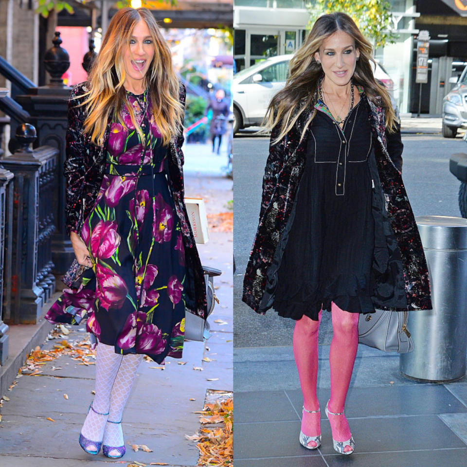 Da wäre selbst Carrie neidisch. Sarah Jessica Parker setzt bei trübem Herbstwetter auf Muster-Mix und Multi-Color. (Bilder: Getty Images)